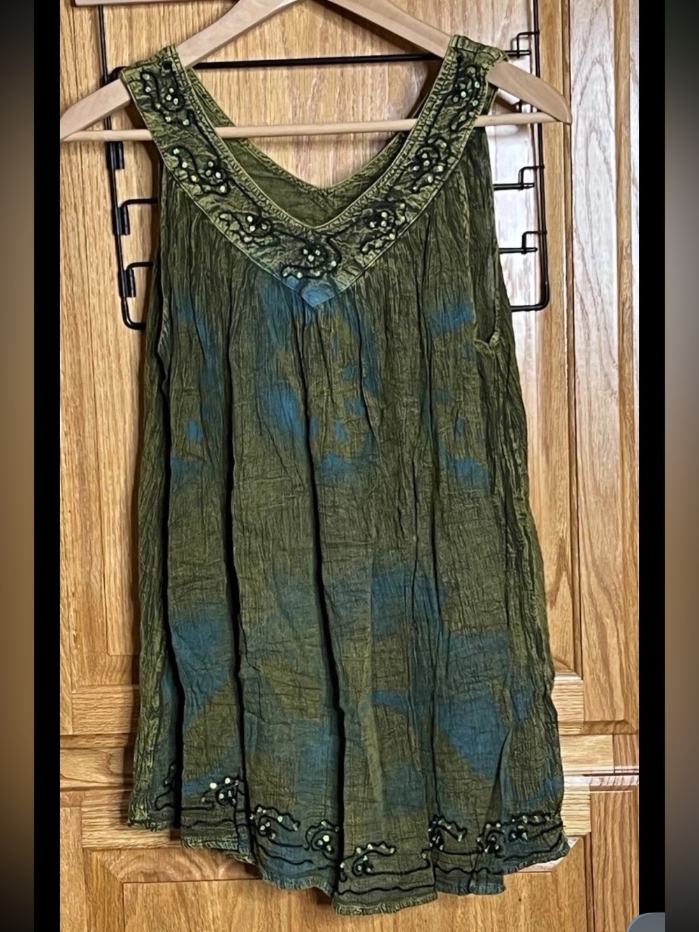 Zuriel by HANS Tunic Tank Women’s Free Size Green Blue Beaded Boho Crinkle Gauze